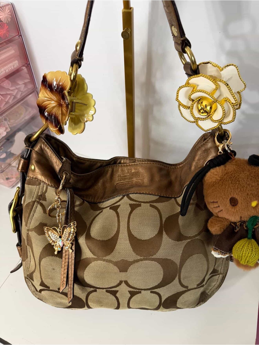Coach Tan & Brown Signature Canvas Shoulder Bag With Floral Charms